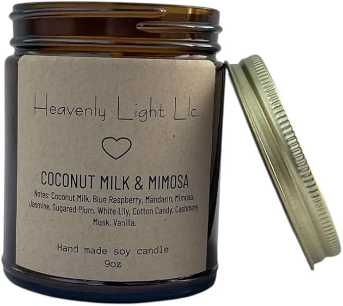 Heavenly Light LLC 100% Non-Toxic 9 oz Scented Soy Wax Candles (Coconut Milk & Mimosa)