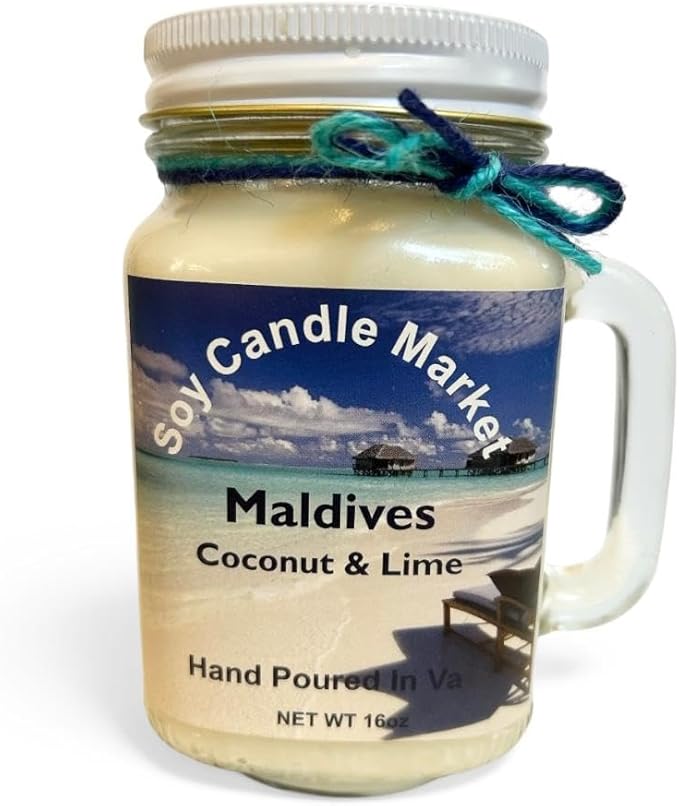 Soy Scented Candles | Handmade & Highly Aromatic Candles Burns Upto 85 Hours in Glass Jar - Perfect for Home Decor, Wedding, Birthday, Dinner (Coconut & Lime) (Maldives, 12 oz)