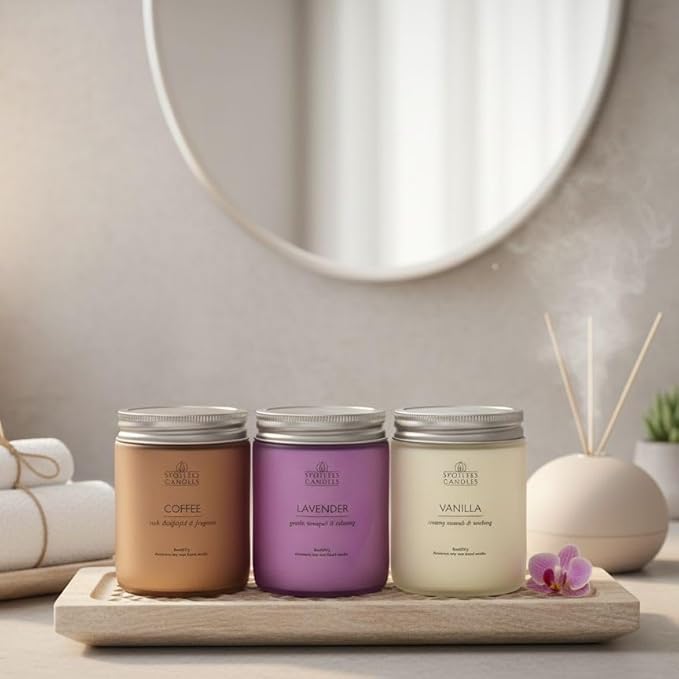 Aromatic Candles Three Pack - 3 x 8 oz Cotton Wick Candles Coloured Fosted Jars - Vanilla, Lavender and Coffee