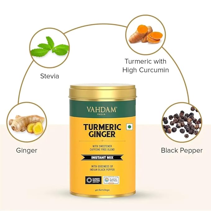 VAHDAM, Golden Milk Powder/Turmeric Ginger Latte Mix (100g, 40 Cups) Caffeine-Free | Powerful Curcumin, Turmeric Powder & Ginger | Brew Hot/Iced Tea