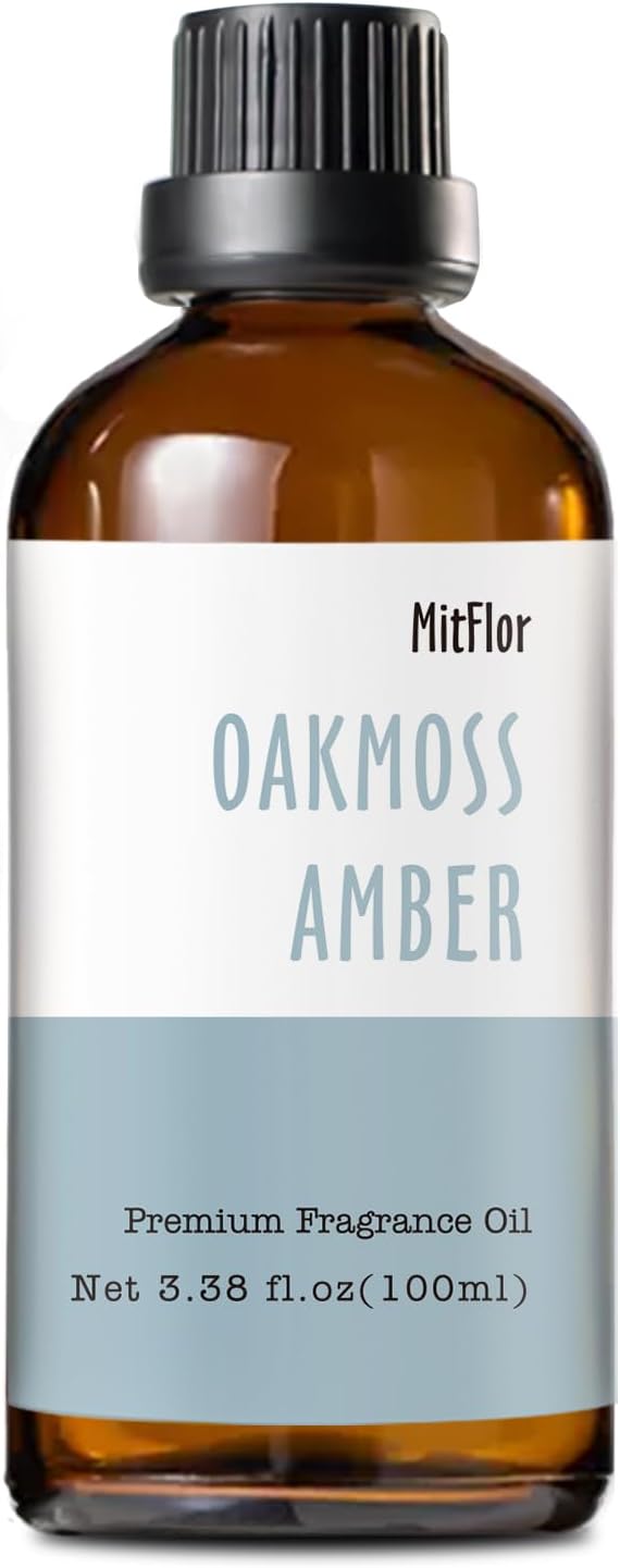 Oakmoss Amber Fragrance Oil (3.38 OZ/100ML),MitFlor Single Scented Oil, Premium Grade Fragrance Oil for Soap & Candle Making, Large Size Aromatherapy Oil, Natural Woody Scent for Home Fragrance & DIY