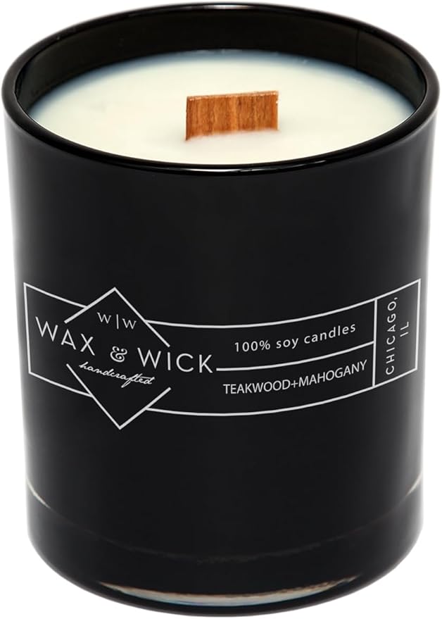 Wax & Wick 12oz Scented Candle for Men, 100% Soy Wax, Double Wood Wick, Black Jar, Teakwood Mahogany Scent, Long Lasting, Masculine Scents, Perfect for Home, Mancave, Bachelor Pad, Men's Gift - USA