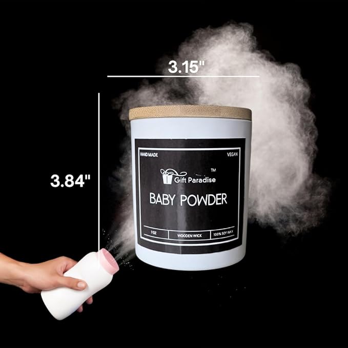 Baby Powder Soy Candle by Gift Paradise – 7 oz Wooden Wick, Nostalgic Fresh Scent, Non-Toxic Clean Burn, Amber Glass Jar, Handmade Gift for Home, Baby Shower, or Relaxation