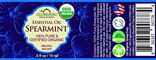 US Organic 100% Pure Spearmint Essential Oil - USDA Certified Organic, Steam Distilled - W/Euro droppers (More Size Variations Available) (15 ml / .5 fl oz)