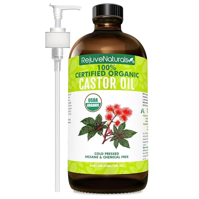 RejuveNaturals Castor Oil (16oz Glass Bottle) USDA Certified Organic, 100% Pure, Cold Pressed, Hexane Free. Boost Hair Growth for Thicker, Fuller Hair, Lashes & Eyebrows.