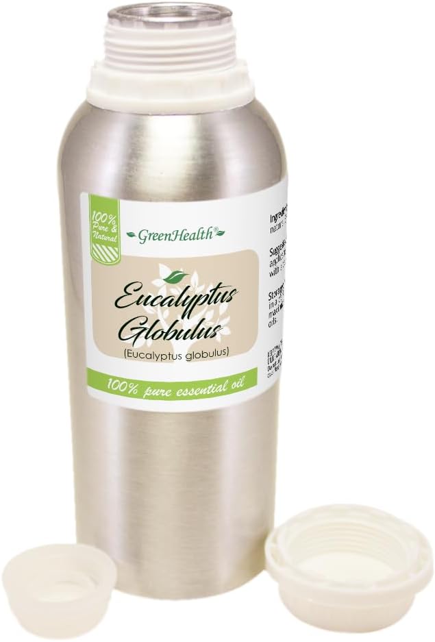 GreenHealth Eucalyptus Essential Oil – 8 fl oz (237 ml) – 100% Pure & Natural – Aromatherapy Oil in Aluminum Bottle with Plug Cap – for Diffuser, Cleaning, Home Fragrance, DIY Use