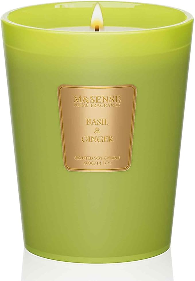 M&SENSE Basil Ginger Scented Natural Soy Wax Candle, 14.1oz 60 Hours Long Lasting Slow Burning Candles for Home Decor, Aromatherapy Candle for Stress Relief