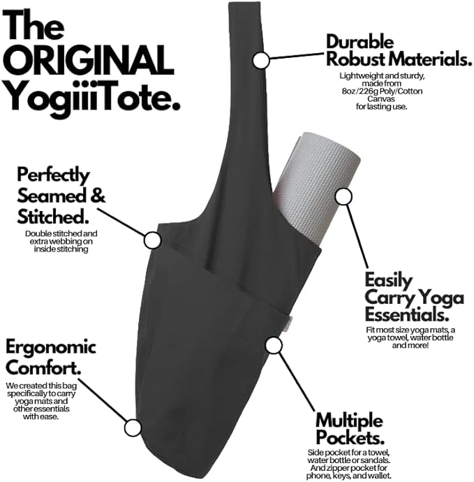 Yogiii Yoga Mat Bag | The ORIGINAL YogiiiTote Yoga Bag | Sling Mat Tote w/Large Side Pocket & Zipper Pocket | Yoga Mat Carrier Fits Most Size Mats