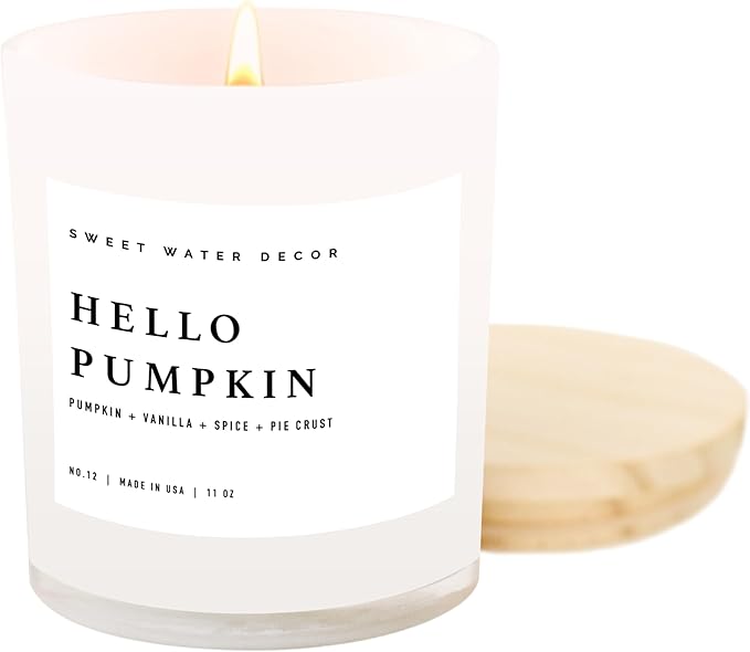 Sweet Water Decor Hello Pumpkin Candle - Fall Soy Candles with Pumpkin, Warm Spices, Vanilla and Buttery Pie Crust - Pumpkin Candles for Home with 50 Hours Burn Time - 11oz Wood Lid White Jar Candle