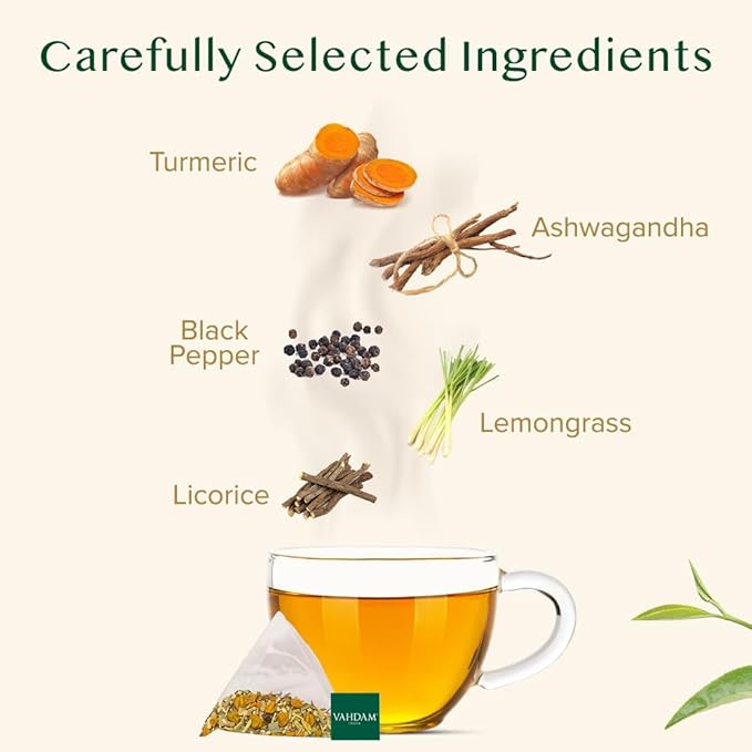 VAHDAM, Turmeric Ashwagandha Herbal Tea Bags (100 Count) Caffeine Free, Non GMO, Gluten Free | 100% Pure Herbal Blend - Sweet & Earthy | Whole Leaf Tea Bags | Resealable Ziplock Pouch