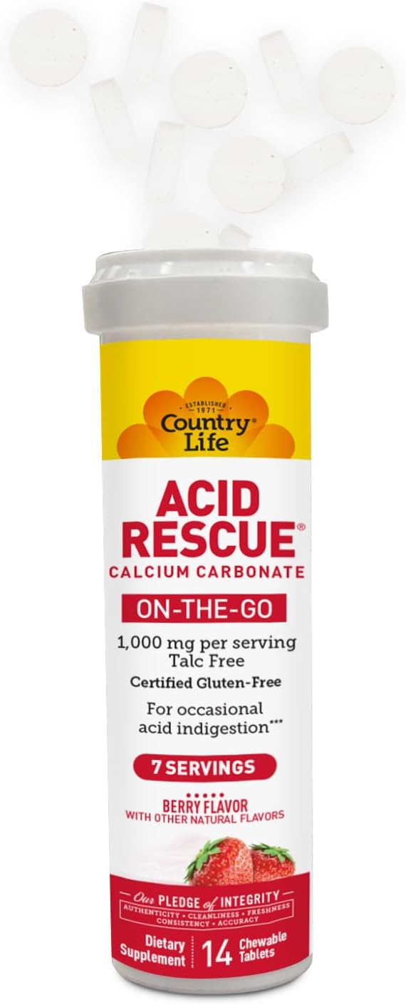 Country Life Acid Rescue On-The-Go Chewable Tablets - Certified Vegan & Gluten-Free Heartburn Relief, 400mg Calcium & Magnesium, Non-GMO, Sugar-Free Berry Flavor, Supports Bone Health, 8 Pack