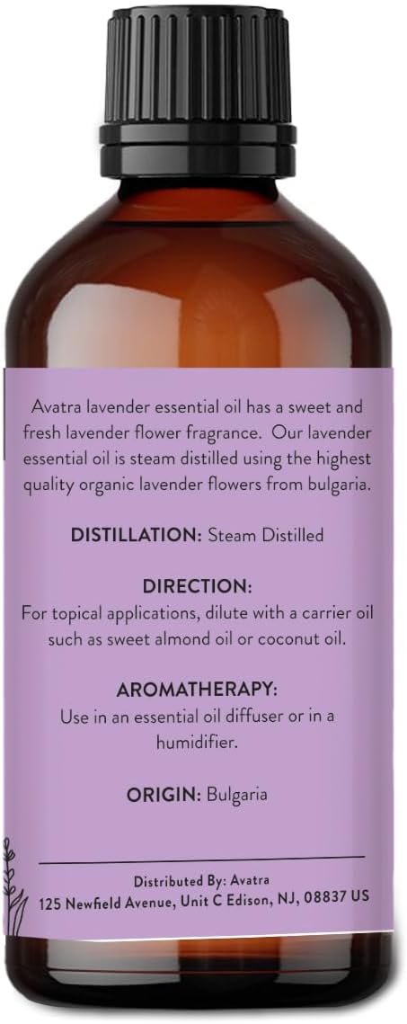 Avatra Essential Oil with Glass Dropper and Travel Bottle - 100% Pure and Natural - Essential Oils for Diffuser, Aromatherapy, Soap and Candle Making, Lavender Essential Oil, Lavender Oil, 3.38 Fl Oz