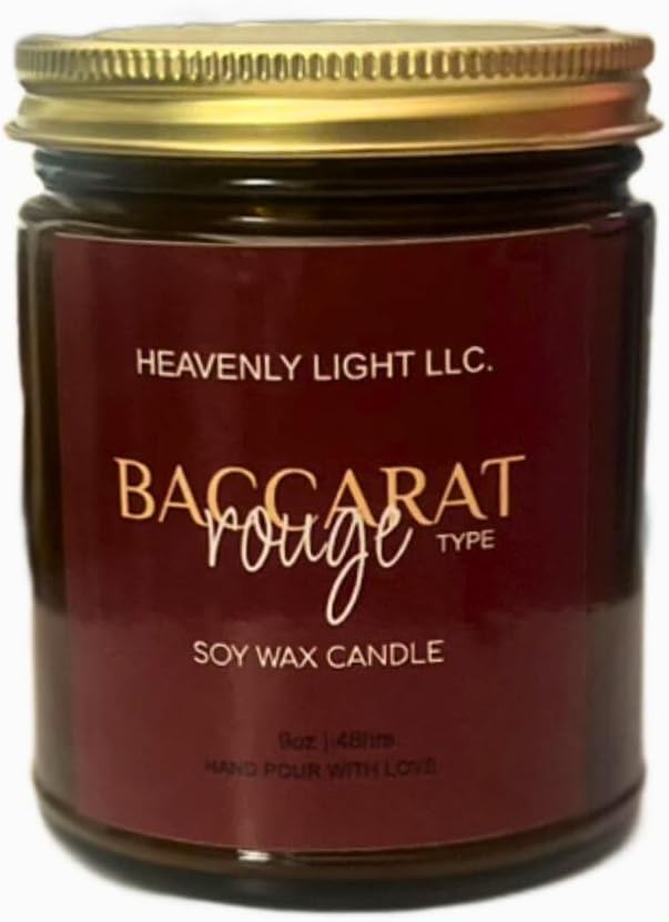 Heavenly Light LLC 100% Non-Toxic 9 oz Scented Soy Wax Candles (Baccarat Rouge (Type)