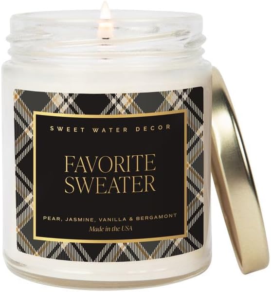 Sweet Water Decor Favorite Sweater Candle, Autumn Notes of Coconut, Jasmine, & Cashmere, 40+ Hour Burn Time, Non-Toxic Soy Wax Blend, Poured in The USA, Cotton Wick, 9oz Glass Jar with Gold Lid