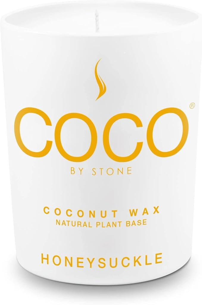 COCO by Stone 6.5oz Candle, Coconut Apricot Wax Candle for Home (Honeysuckle) Home Fragrance Products, 1 Wick Candle, Enhance Indoor Aroma, Vegan & Cruelty-Free, Clean Burning and Hand Poured Candle