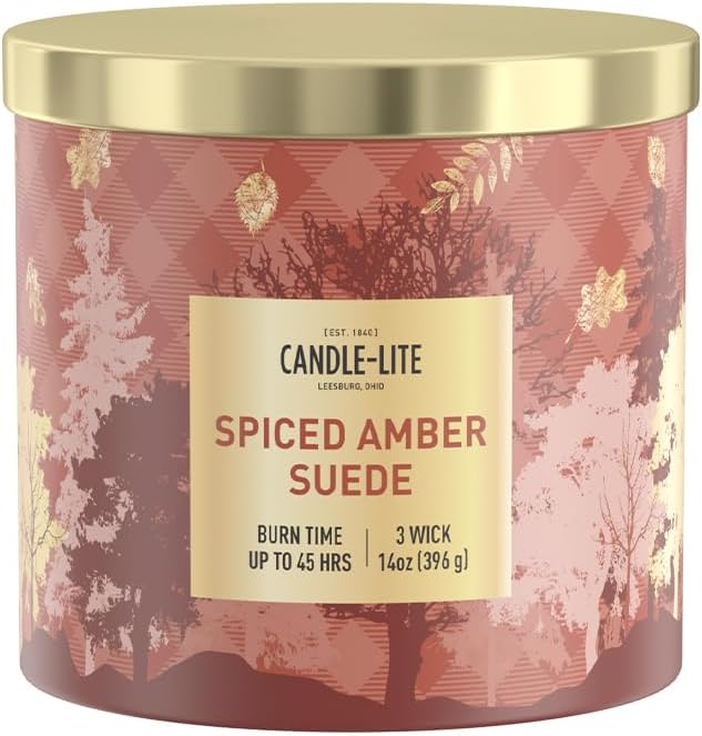 Candle-lite Fall Scented Candles, Amber with Leathered Musk and Spiced Cardamom, 14 oz 3-Wick Jar Candle, Proudly Poured in USA, Autumn Home Decor, 45 Hours of Burn Time, Ideal Gift for Men and Women