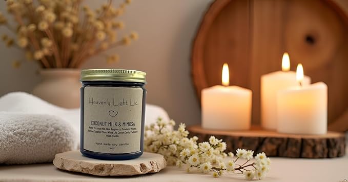 Heavenly Light LLC 100% Non-Toxic 9 oz Scented Soy Wax Candles (Coconut Milk & Mimosa)
