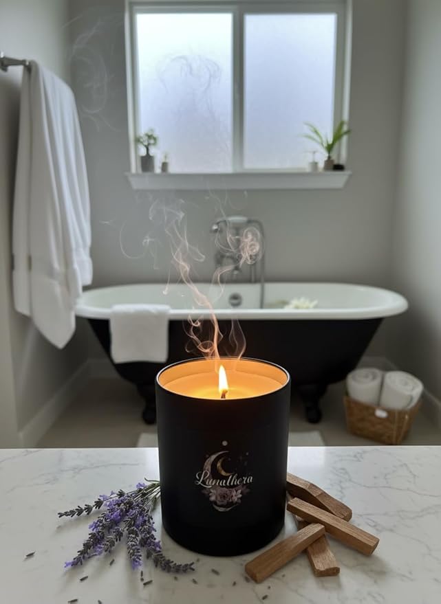 Wick & Whisper – Lunathera Ritual Candle — Lavender & Sandalwood Aromatherapy Soy Candle for Energetic Shifts, Reflection & Restorative Healing Journeys | 10 oz Matte Black Jar