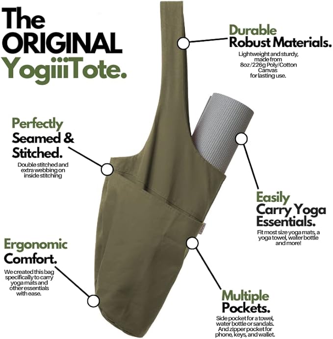 Yogiii Yoga Mat Bag | The ORIGINAL YogiiiTote Yoga Bag | Sling Mat Tote w/Large Side Pocket & Zipper Pocket | Yoga Mat Carrier Fits Most Size Mats