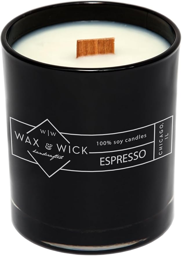 Wax & Wick 12oz Espresso Scented Candle for Men, 100% Soy Wax, Double Wood Wick, Black Jar, Long Lasting, Masculine Scents, Perfect for Home, Mancave, Bachelor Pad, Men's Gift - Made in USA