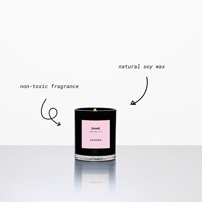 EMME NYC Scented Candle Jar - Black Glass, Soy, Natural, Non-Toxic, Pet-Safe, Up to 60 Hours Burn Time, Wood Wick, Strong Scent, Cruelty-Free, 10 oz - Sakura