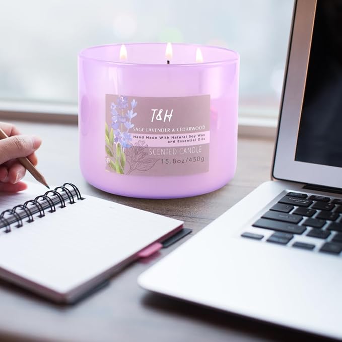 Sage Lavender Cedarwood 3 Wick Scented Soy Candle, 15.8 oz - Aromatherapy Stress Relief Candle - Clean Burning, Long Lasting, Earthy Scented Candle for Home, Men & Women