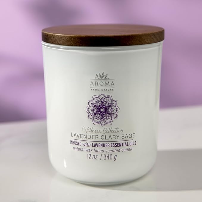 Aroma from Nature Wellness Collection Candle, 12 oz, 2 Cotton Wicks, Lavender Clary Sage, Large Painted Jar