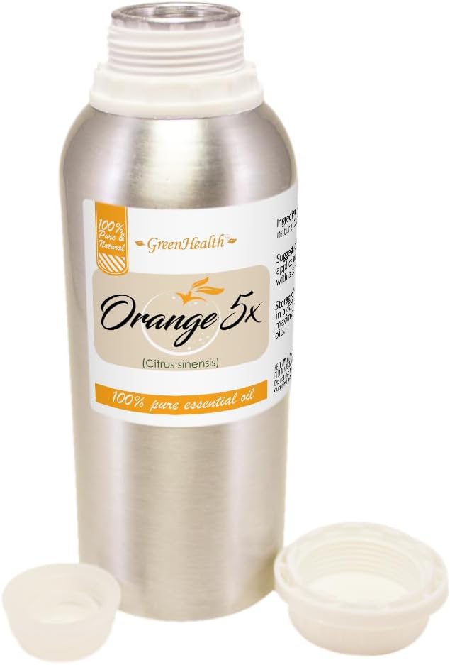 Orange 5X Essential Oil – 8 fl oz (237 ml) Aluminum Bottle w/Plug Cap – 100% Pure Essential Oil – GreenHealth