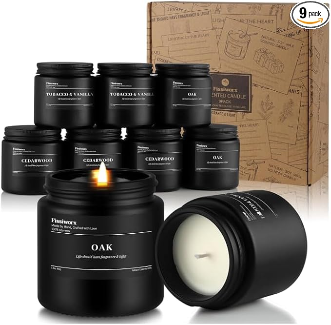 9 Pack Scented Candles Set Gifts for Men, Aromatherapy Candle Set with Scents （Tobacco & Vanilla/Oak/Cedarwood）- Gift for Dad, Boyfriend, Birthday, Father’s Day, Anniversary