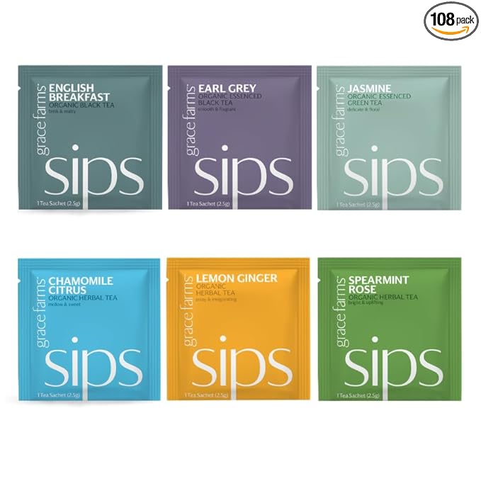 Grace Farms Tea Variety 108 Count Envelopes | Black, Green, and Herbal Individually Wrapped Tea Bags (6 flavors × 18 each) | Fair Trade, USDA Organic, Kosher Tea Variety Pack