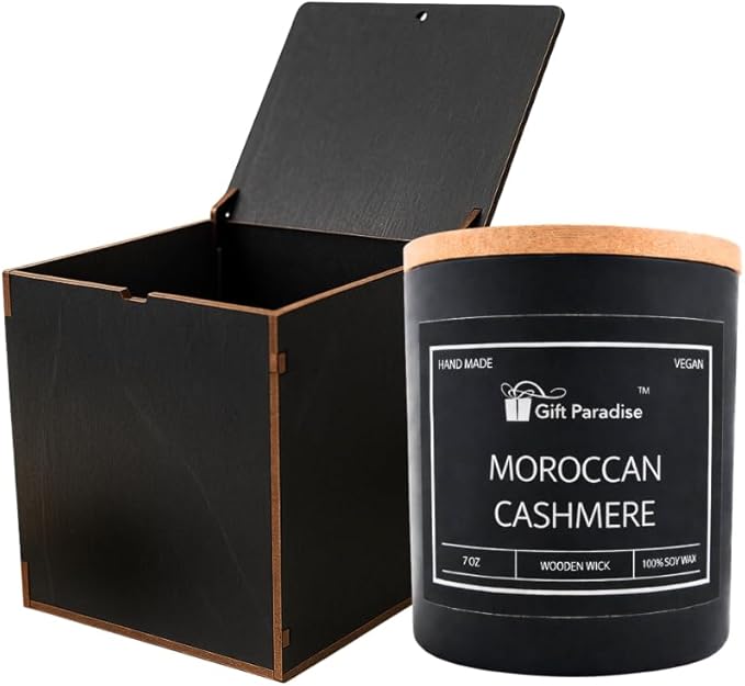 Gift Paradise® Moroccan Cashmere Scented Candle – 7 oz Premium Soy Wax Candle with Wooden Wick & Wooden Gift Box, Cozy Amber Cashmere & Soft Musk Aroma – Handcrafted Luxury Candle for Relaxation