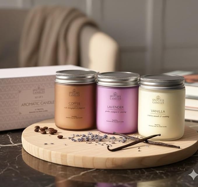Aromatic Candles Three Pack - 3 x 8 oz Cotton Wick Candles Coloured Fosted Jars - Vanilla, Lavender and Coffee