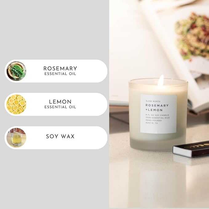 Slow North Rosemary + Lemon Candle - Essential Oils and Pure Soy Wax Candle in a Reusable Frosted Glass Jar - A Unique Scented Candle Hand-Poured in The USA (8 oz)