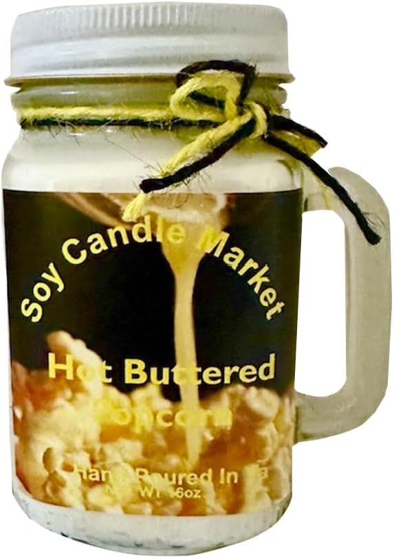 Soy Scented Candles | Handmade & Highly Aromatic Candles Burns Upto 85 Hours in Glass Jar - Perfect for Home Decor, Wedding, Birthday, Dinner (Hot Buttered Popcorn, 16 oz)