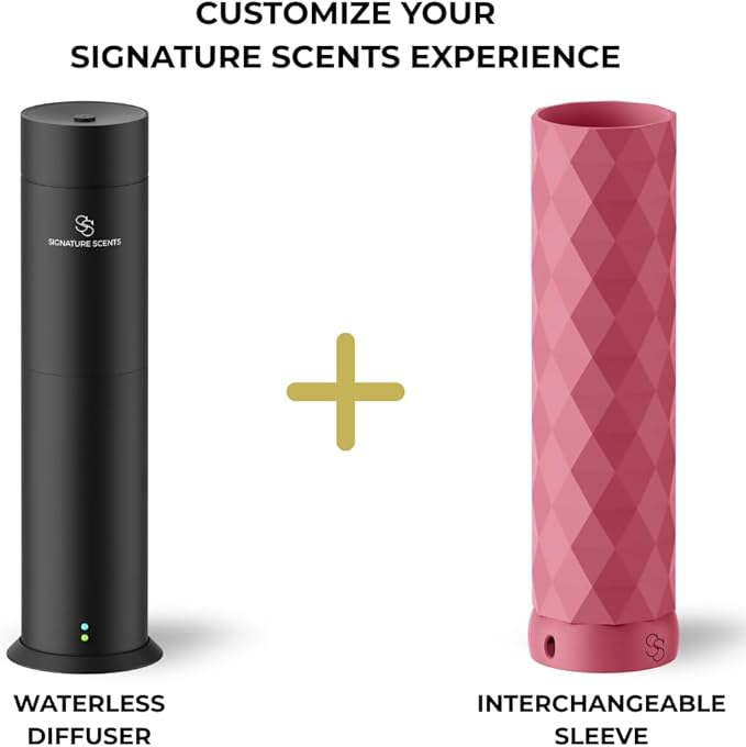 Waterless Essential Oil Hotel Scent Diffuser - Cold Air Diffuser - Covers 1000 sq. ft. - Waterless Diffuser for Home, Office & Hotel (Black + Interchangeable Sleeve) (Black + Matte Pink Sleeve)