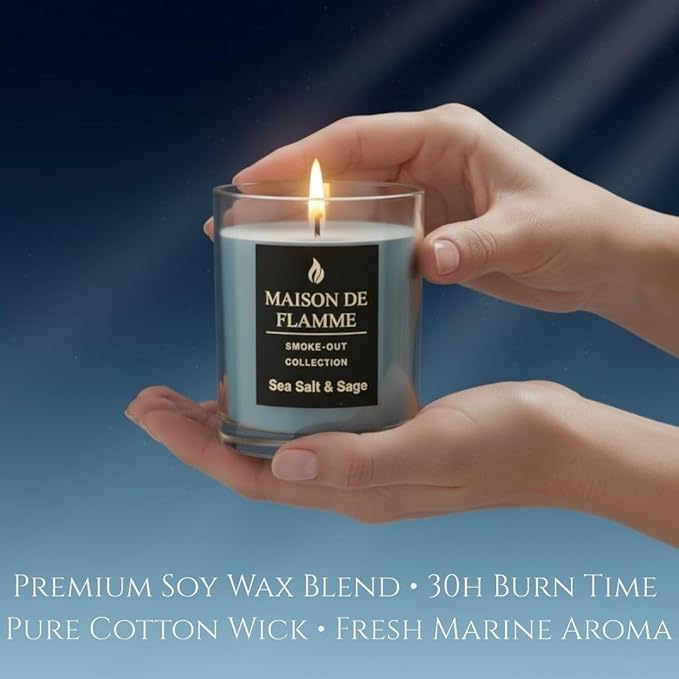 Sea Salt & Sage Scented Candle – 150g / 5.3 oz Soy Wax Blend with 10% Fragrance Load – Cotton Wick Home Candle for Bedroom, Bathroom & Living Room