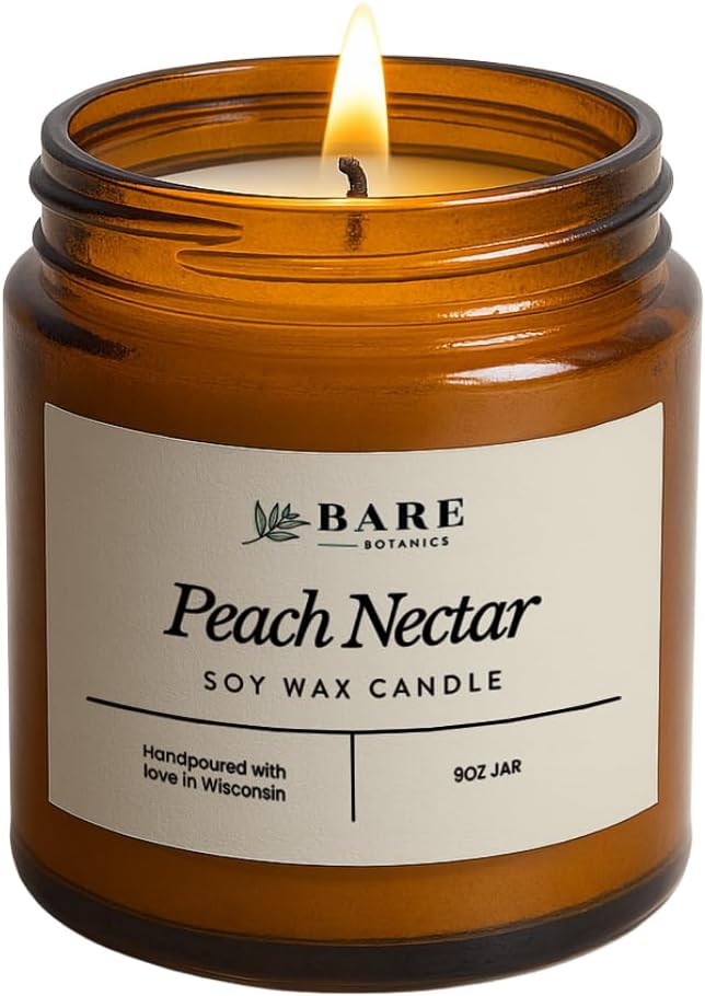 Bare Botanics Peach Nectar 9oz Soy Candle - 100% Plant-Based Fragrance Oils - Premium, Non-Toxic Candle - Softly Scented Natural Soy Wax - Handpoured in WI - 40 Hrs Long Burning & Ready to Gift