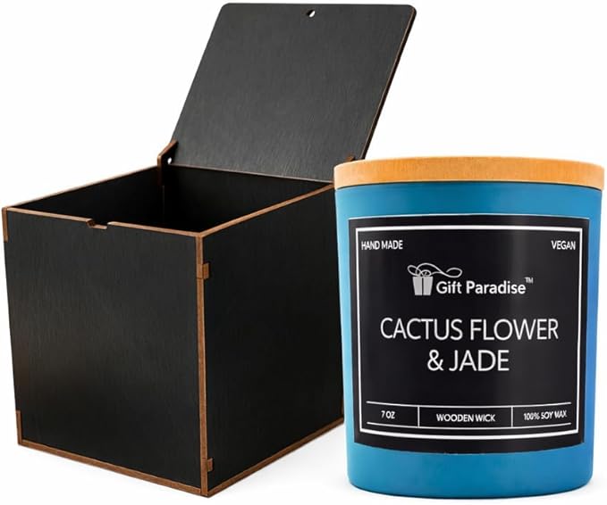 Cactus Flower & Jade Candle 7oz – Premium Soy Wax, Wooden Wick, Glass Jar, Wooden Gift Box – Vegan, Non-Toxic, Spring & Summer Self Care, Valentine’s Day Gift for Her & Him