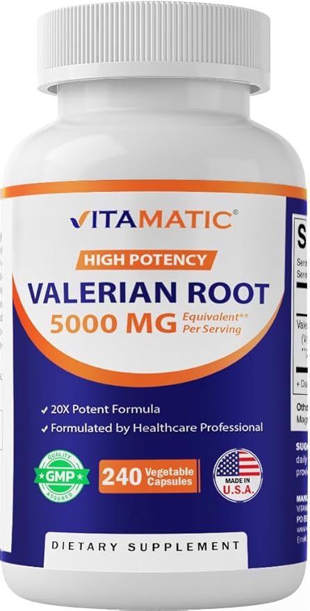 Vitamatic Valerian Root 5000mg Equivalent Per Serving (from 20:1 Extract 250 mg) - 240 Capsules - 20X Concentrated Extract