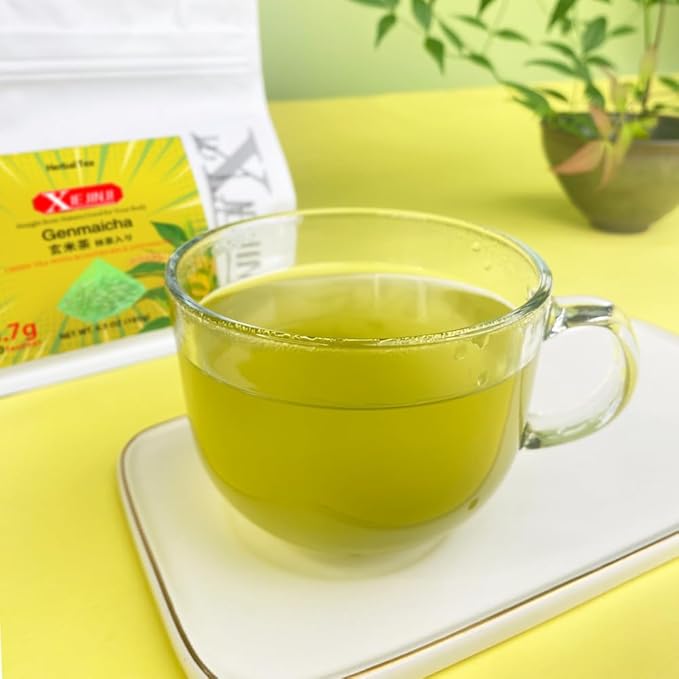 XIEJINJI Genmaicha, Green Tea with Matcha - 3.7g x 50 Count, Japanese-style Roasted Brown Rice Tea, Low Caffeine, Eco-Conscious Tea Bags