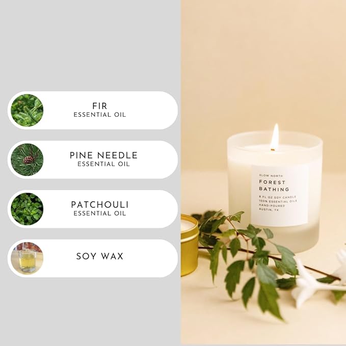 Slow North Forest Bathing Candle - Essential Oils and Pure Soy Wax Candle in a Reusable Frosted Glass Jar - A Unique and Mindful Scented Candle Hand-Poured in The USA (8 oz)