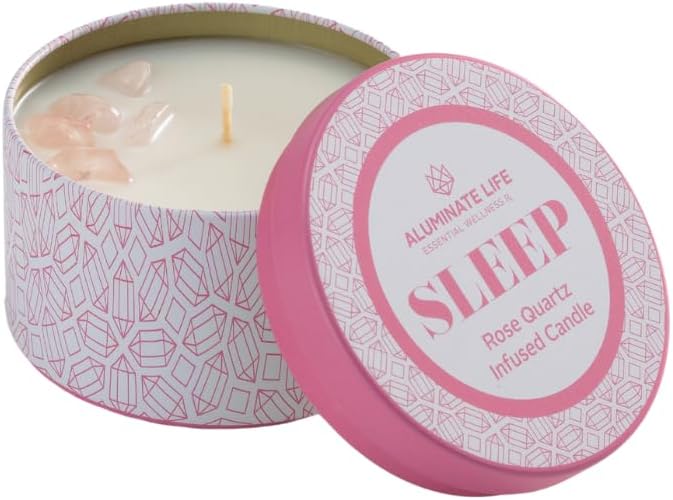 Luxury Candle Tin, 6 OZ, Sleep - Rose Quartz Crystal Infused - Scents of Rose, Lavender, and Vanilla - Tranquility, Love, & Comfort - Coconut Wax, Essential Oils, Dr. Developed