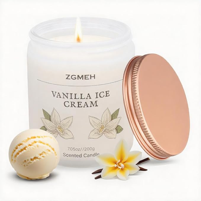 Vanilla Ice Cream Scented Jar Candles for Home- 100% Natural Soy Wax, Strong Fragrance,Soy Candle, Party & Holiday Gift, Gifts for Men Women,7.05 oz, 40 Hours Burn Time
