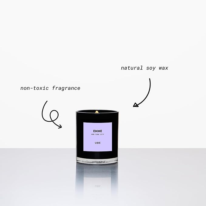 EMME NYC Scented Candle Jar - Black Glass, Soy, Natural, Non-Toxic, Pet-Safe, Up to 60 Hours Burn Time, Wood Wick, Strong Scent, Cruelty-Free, 10 oz - Best Smelling Scented Candles (Ube)
