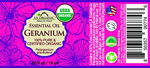 US Organic 100% Pure Geranium Essential Oil - USDA Certified Organic, Steam Distilled - W/Euro droppers (More Size Variations Available) (10 ml / .33 fl oz)