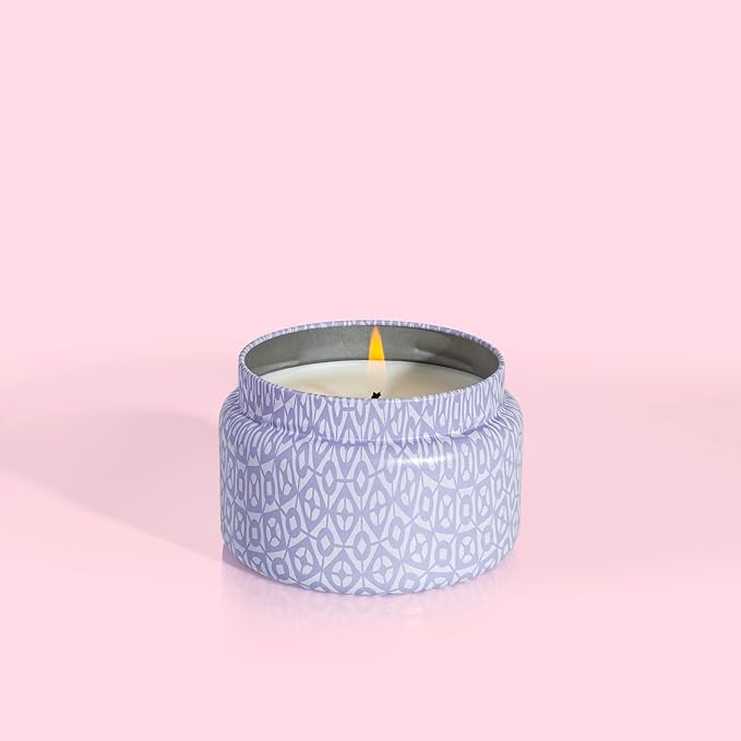 Capri Blue Volcano Printed Travel Tin Jar Candle - Luxury Candle with a Long Lasting Soy Wax Blend - Scented with Tropical & Fruity Fragrance (Lavender Color, 8.5 oz)