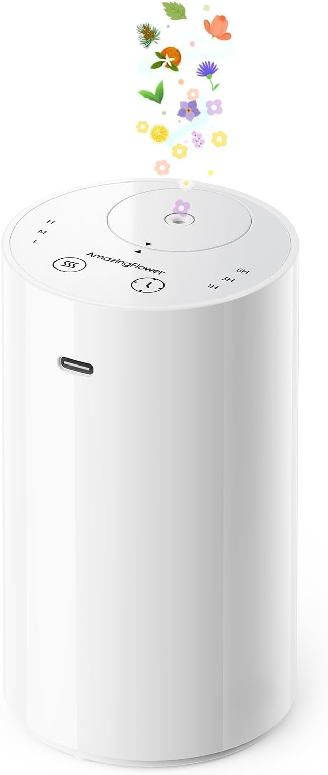 Waterless Essential Oil Diffuser, Portable Aromatherapy Diffuser with 20mL Capacity, Battery Operated Mini Scent Diffuser,3 Mist Levels & Timers, Leak-Free, for Home, Car, Office (White)