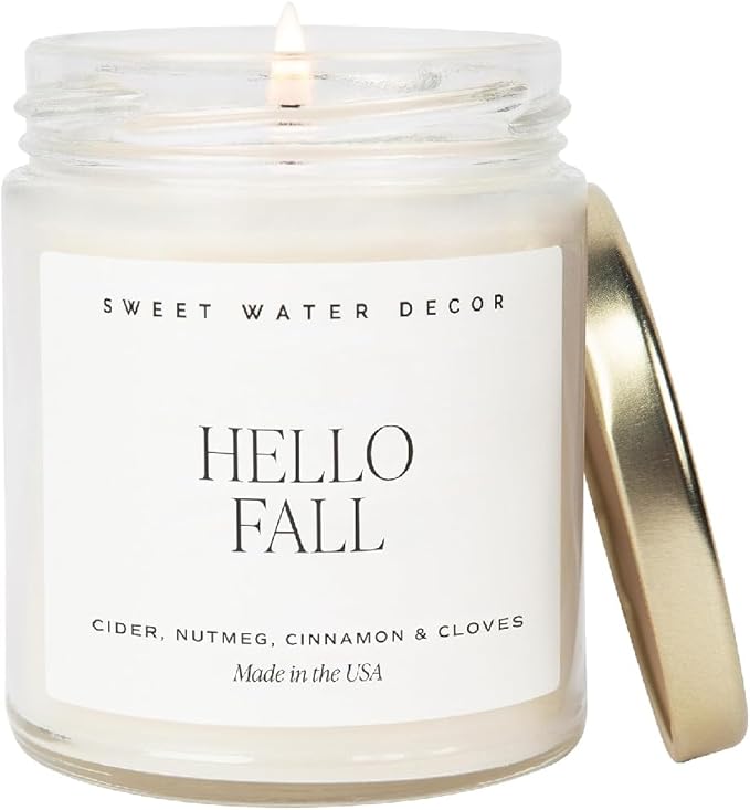 Sweet Water Decor Hello Fall Candle | Cinnamon, Apples, and Clove Autumn Scented Soy Candles for Home | Halloween Fall Candle 9oz Clear Jar, 40 Hour Burn Time, Made in The USA