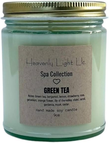 Heavenly Light LLC 100% Non-Toxic 9 oz Scented Soy Wax Candles Green Tea (Spa Collection)