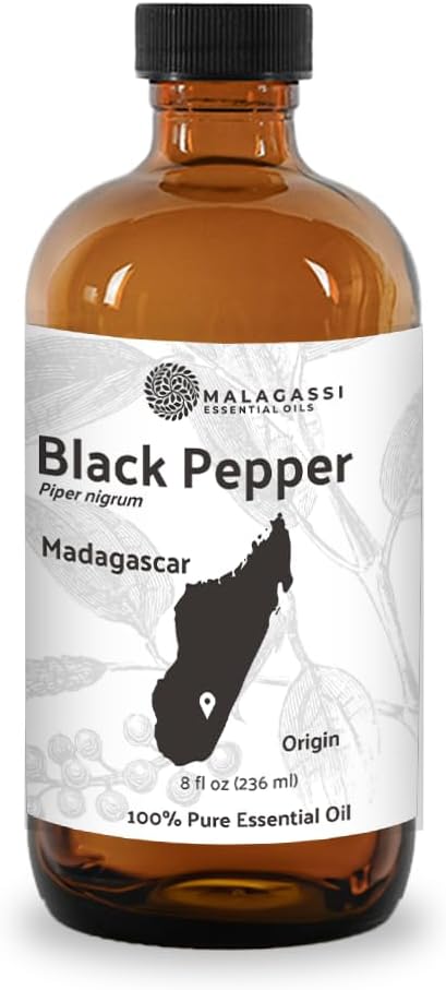 Black Pepper Essential Oil - Direct from Madagascar Farms - Steam Distilled - Aceite Pimienta Negra for Aromatherapy, Massage, Diffuser, DIY Candle and Soap Making - 8oz